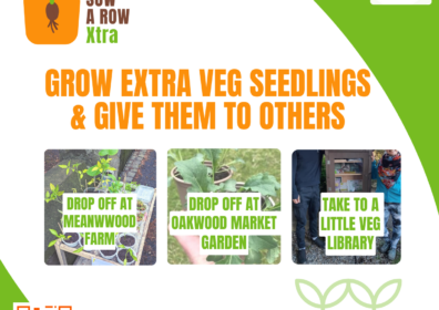 2-4 veg library with text grow extra veg seedlings and give them to others drop off at meanwood farm oakwood farm or take to a little veg library QR Code