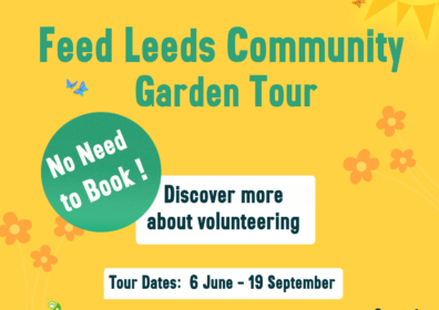 Leeds Community Garden Tour Yellow background with text of tour dates title and no need to book with illustrations of veg and flowers