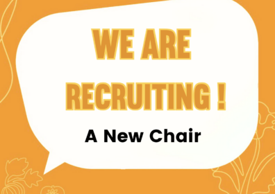 we are recruiting a new chair text in speech bubble orange background