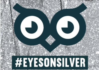 owl eyes and beak on a silver background with hashtag eyes on silver