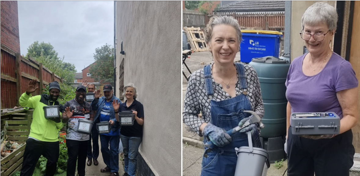 5 men waving holding compost caddies , 2 women with power tools smiling