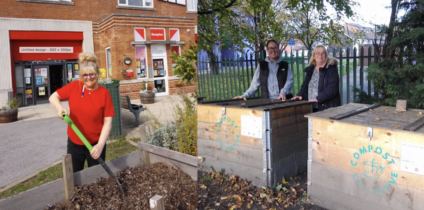 images first of a woman with soil and a spade outside a fire station, second of two women smiling with two compost bins