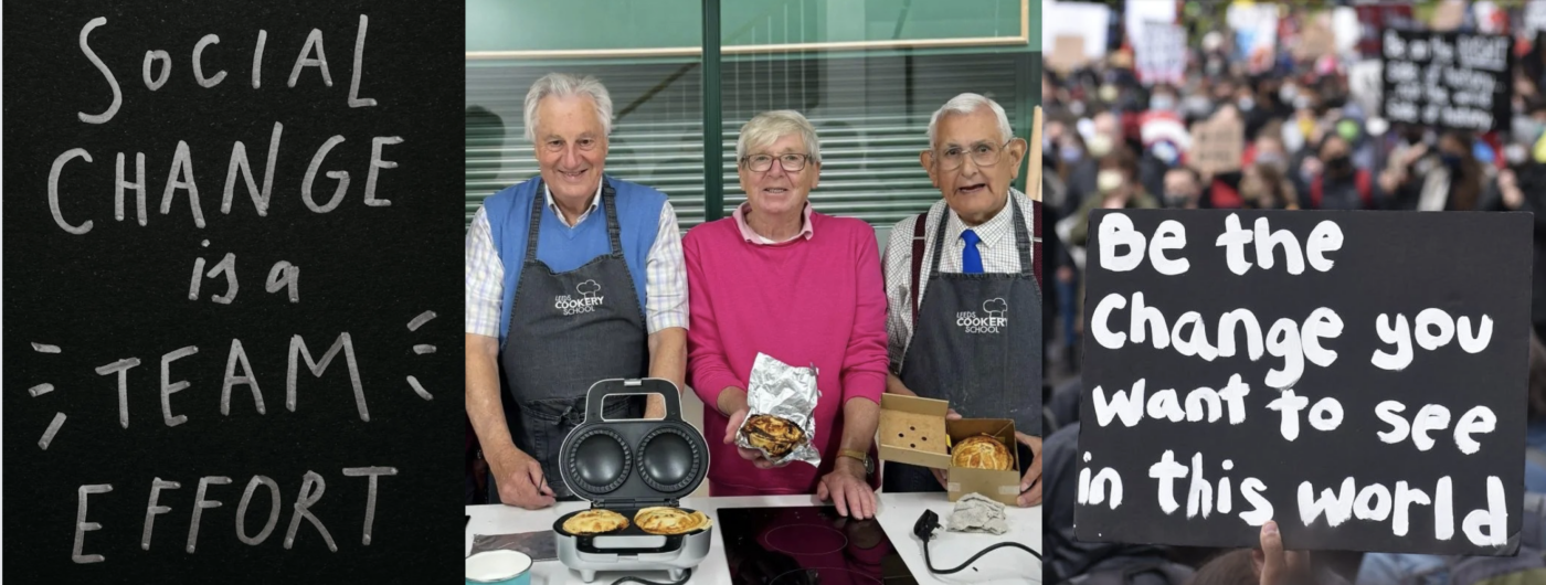 text social change is a free effort
3 people at leeds cookery school part of zest wearing aprons and a pink jumper with cooking equipment