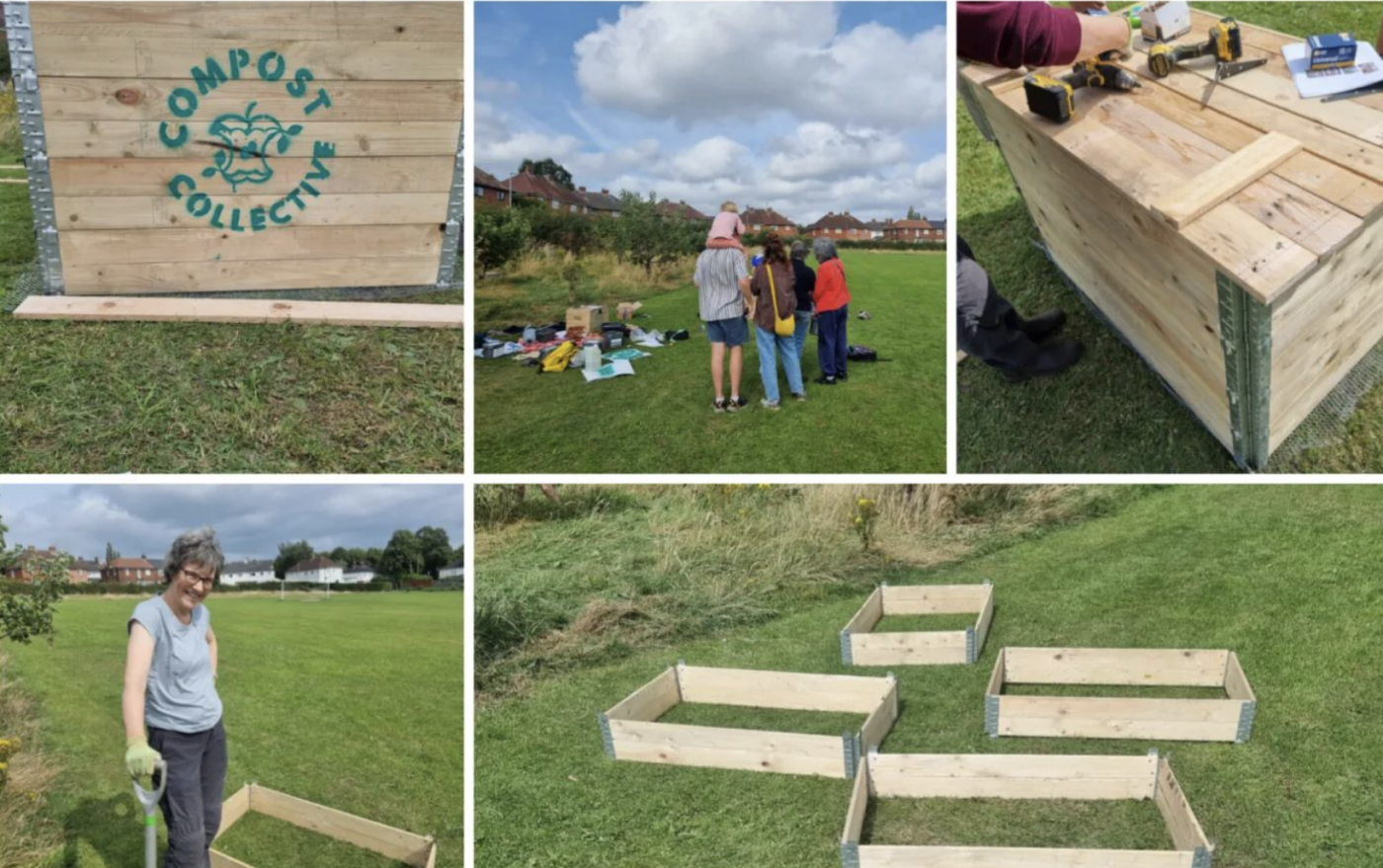 5 images of people building a community compost bin logo, people, bin with tools, person with first part of bin build, bits of wood in squares