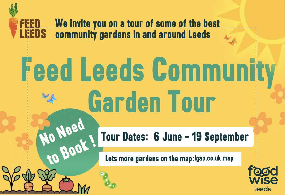 yellow background feed leeds garden tour with elements like logos veg and flowers