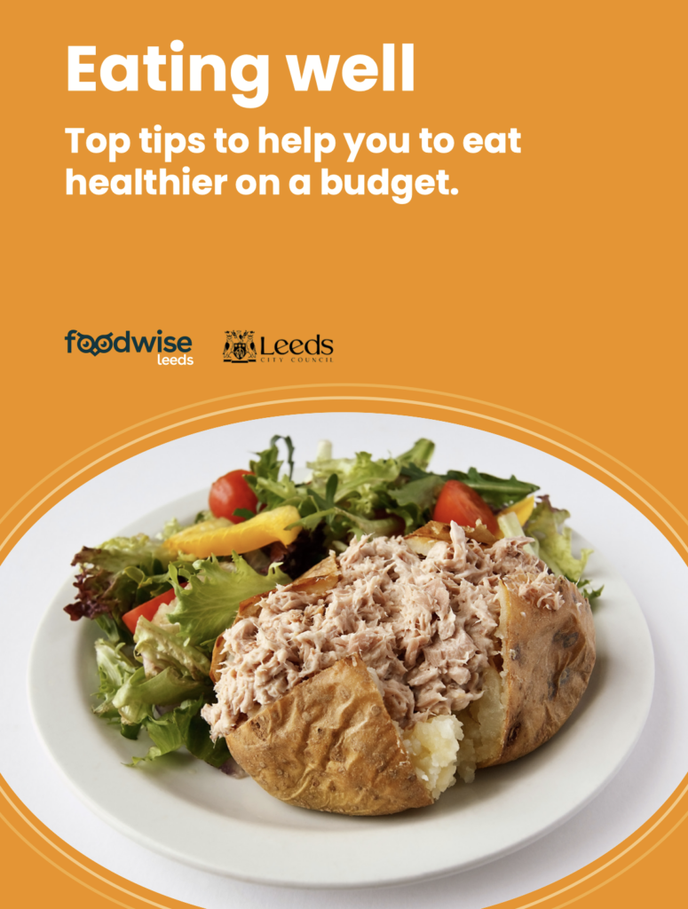 Download the full leaflet eating well - top tips - orange background healthy food with veg on a plate