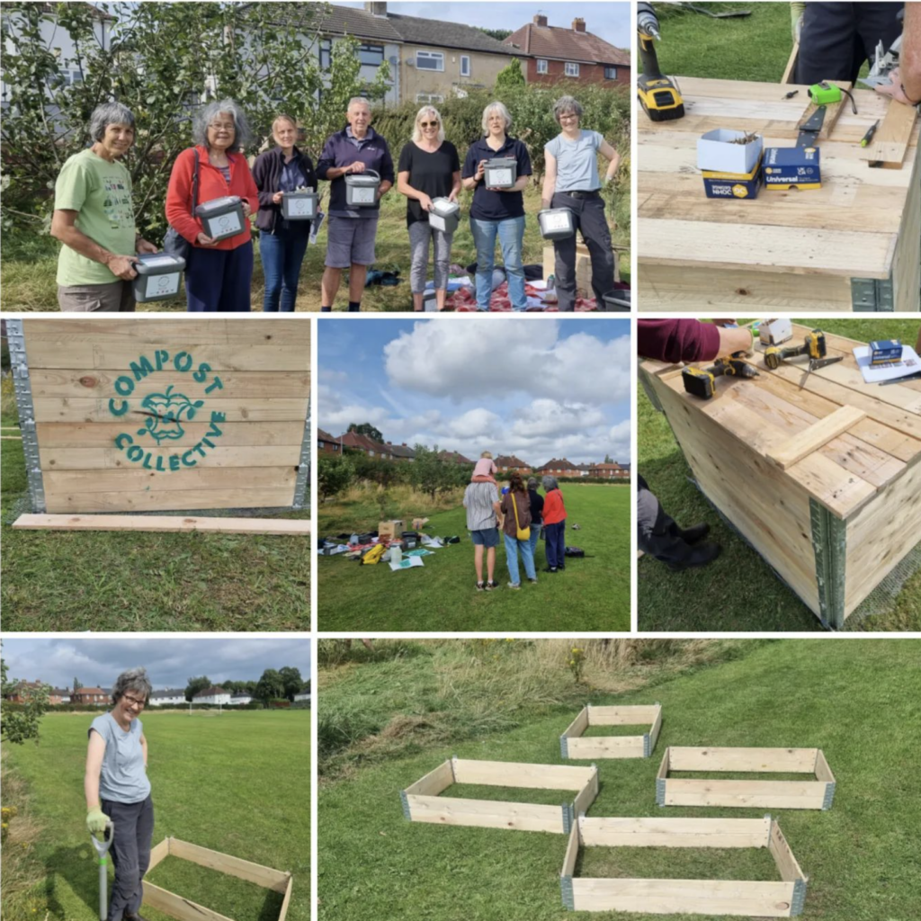 7  images of compost bin being built - tools, bits of wood, logo people with caddies and a family with child on shoulders of parent