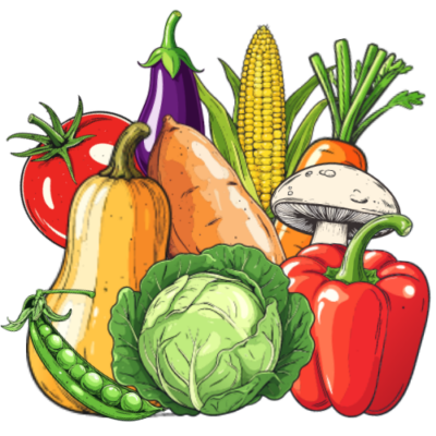 A collection of Vegetables, including a Tomato, Aubergine, Sweetcorn, Butternut squash, Pea pod, Cabbage, Red bell Pepper, Sweet potato, a Mushroom and a Carrot